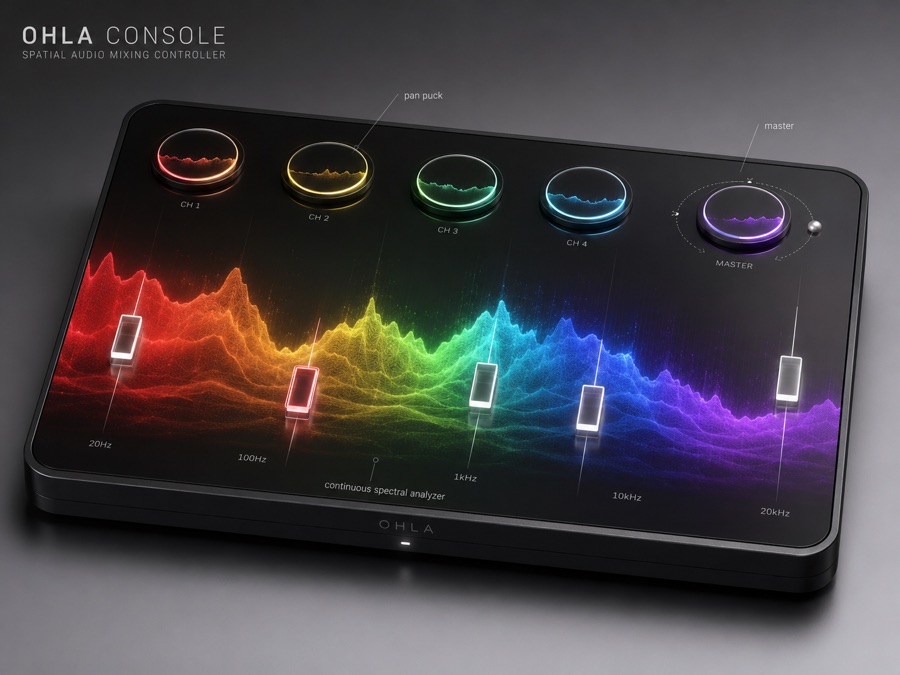OHLA Console concept render: one continuous glass surface with a full-spectrum rainbow analyzer running beneath five glowing channel pucks and a master pan puck